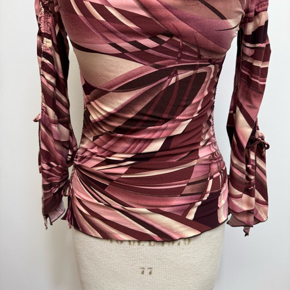 Classy- Vintage Pink and Burgundy Abstract Ruched Tie-Sleeve Blouse-Y2K - Picture 4 of 13